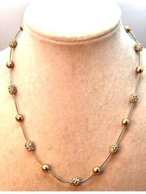 Gold-Tone Beaded Necklace With Textured Rhinestone Accents - MONET